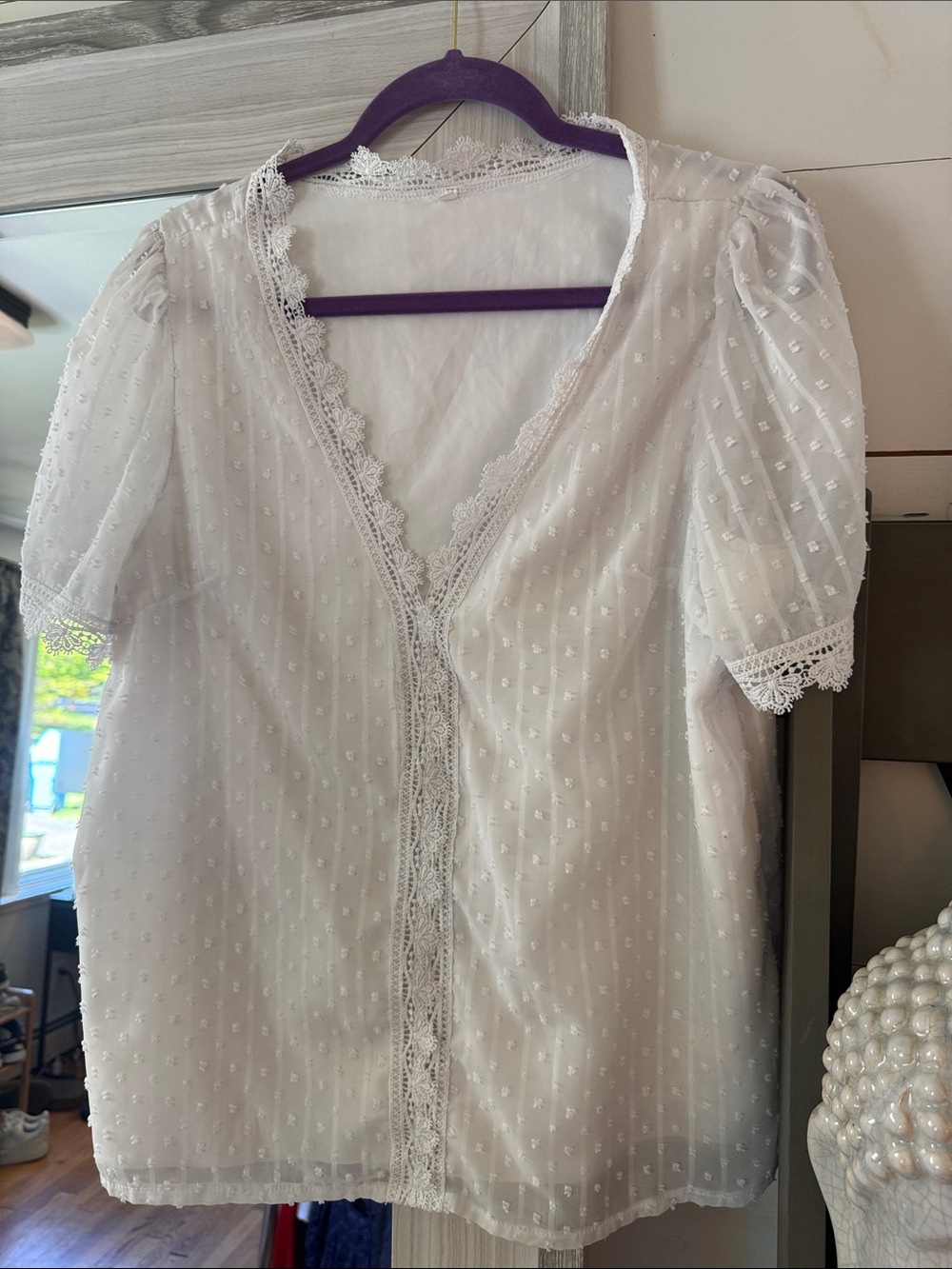 White Swiss Dot Lace-Trim Puff Sleeve Blouse